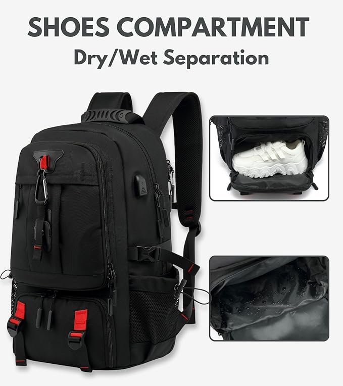 Large Laptop Backpack with Shoe Compartment, Waterproof Rucksack 15.6/17 Inch, Travel School Gym Work College Bags for Men (Black, JUMBO(80L))