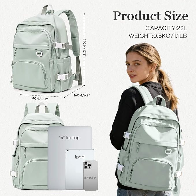 Lightweight College Backpack for Women Men Cute School Bag for Teens Girls Boys High School Backpack for Students Waterproof Casual Daypack Backpack（Green）