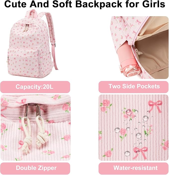 BTOOP School Backpack for Girls Teens Large Corduroy Bookbag Lightweight Casual High School College 17 inch Laptop Travel Bag (Pink Bow Floral-1)