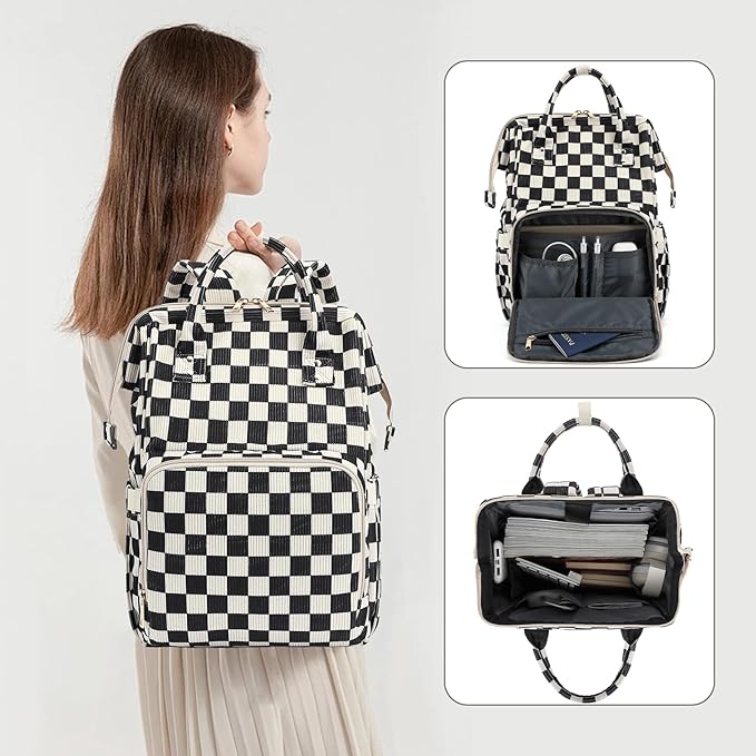 Laptop Backpack for Women, Corduroy College School Backpack Bookbag 15.6 inch Business Computer Travel Backpack (Checkered Black)