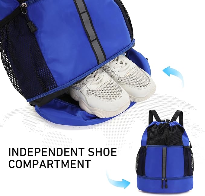 Valleycomfy Drawstring Gym Bag Sports Backpack With Shoe Compartment and Reflective Strips Royal Blue