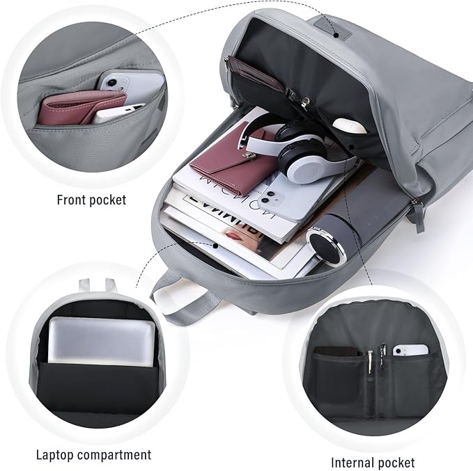 HOMIEE Lightweight Casual Laptop Backpack Fits 15.6 Inch Computer, Water-Resistant Small Daypack Unisex Bookbag for Teen College Work Travel, Grey
