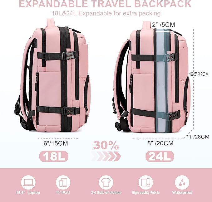 Carry On Travel Backpack, Expandable Extra Large Airline Approved,Lightweight Daypack for Men and Women（Pink）