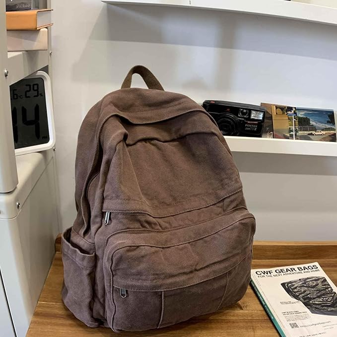 Coffee Brown Canvas Backpack for Women & Men Retro Aesthetic Rucksack Basic Backpack for High School/College Students Travel Laptop Bag