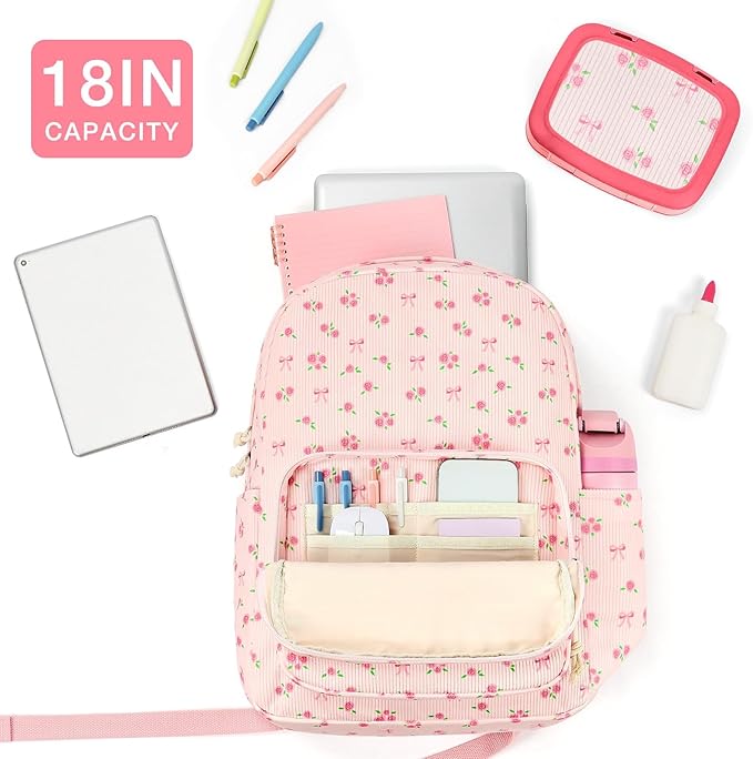 mibasies School Backpack for Girls with Laptop Sleeve: 18IN Large Capacity Corduroy Bookbag for Primary Middle School/College, Travel Daypack for Teens Women - Pink Flower Bow