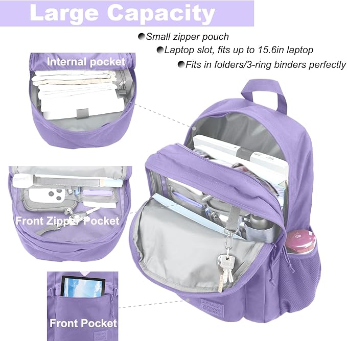 SUPACOOL Casual Backpack For School, Classical Travel Backpack for Men and Women, Bookbag for Boys, Girls and Kids, Laptop Compartment(Purple)