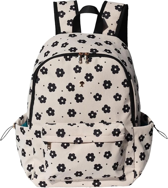ESVAN Corduroy Backpack Lightweight Fashion 17 inch Laptop Bag for Women Casual College (Corduroy Black flower)