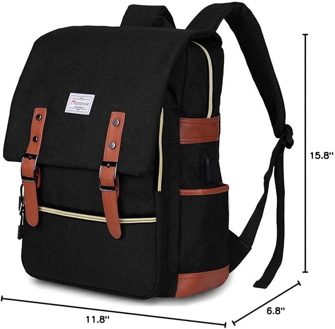 Modoker Eco-Friendly Vintage Laptop Backpack for Women Men,Travel Backpacks with USB Charging Port Fashion Backpack Fits 15.6Inch Notebook, Black