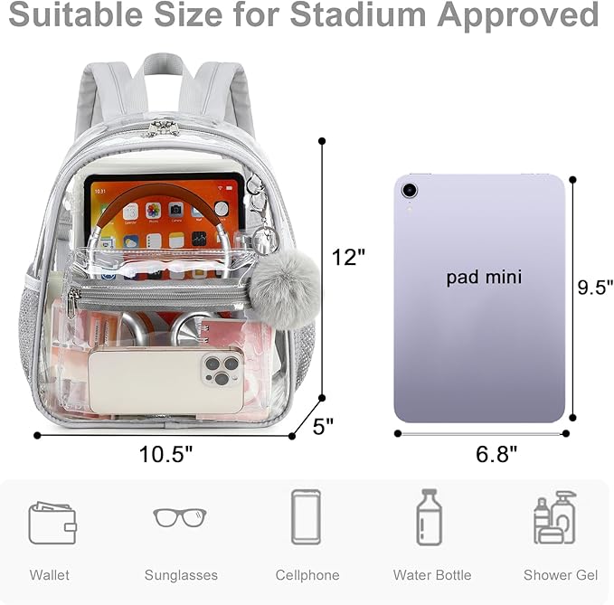 BTOOP Clear Mini Backpack for Stadium Events 12x12x6 Small Transparent Backpacks Plastic See Through Clear Bag for Concerts Work Festival Security Travel Gray