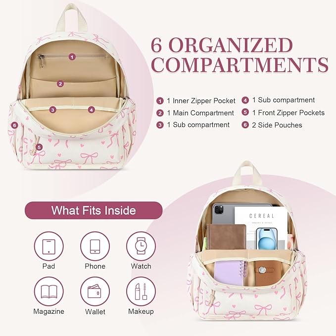 LOIDOU Mini Backpack for Girls, Small Backpack Purse Women Girls Cute Pink Bow backpacks School Bookbag Casual Back Pack Teens