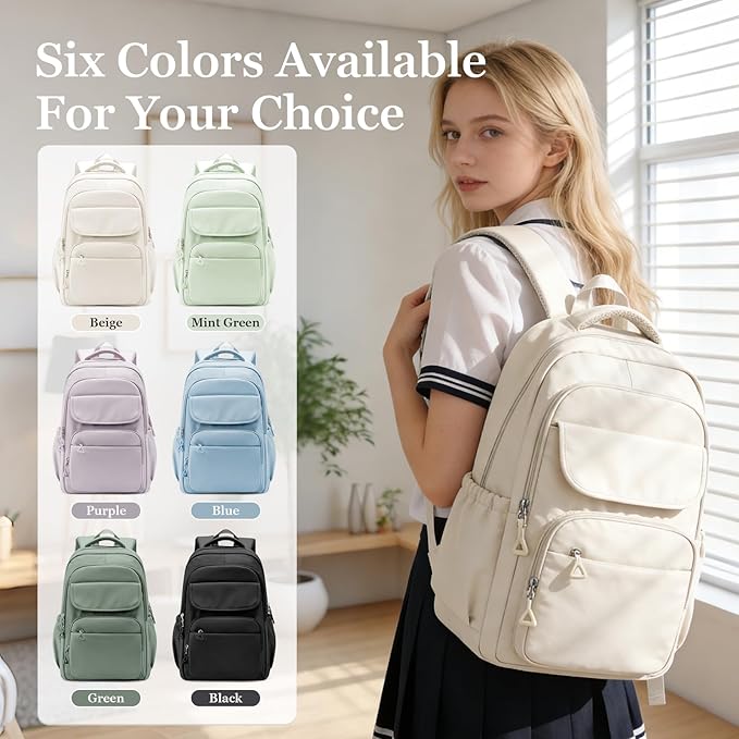 Cute School Backpack for Teens Girls Boys Waterproof School Bag Basic Backpack for College Students Multi Pocket Backpack Lightweight Casual Daypack Backpacks for Women Men（Beige）