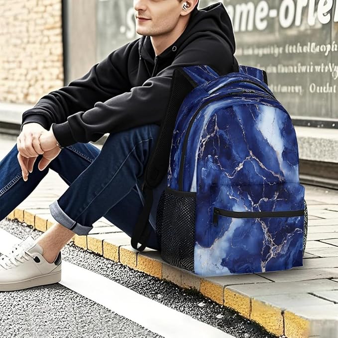 Pardick Blue Marble Backpack for Kids Girls Boys Lightweight School College Students 18in Bookbag Large Capacity Computer Backpacks Laptop Rucksack Travel Gym Hiking Camping Daypack