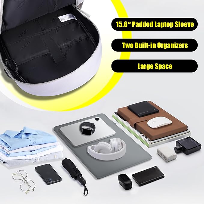 Premium Lightweight Laptop Backpack with USB Charging Port, Durable College School Bookbag, 2 Built-in Organizers, Padded 15.6-inch Laptop/Notebook Sleeve, Slim Water Resistant Bag, Beige Grey