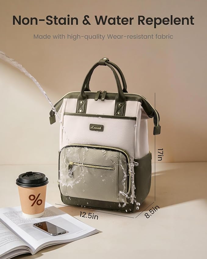 LOVEVOOK Laptop Backpack for Women with Giant Tumbler Holder,17 inch Professional Nurse Teacher Backpack Computer Laptop Bag,Cute Travel Backpack Purse Work College Bag, Beige-Bean green-Army green