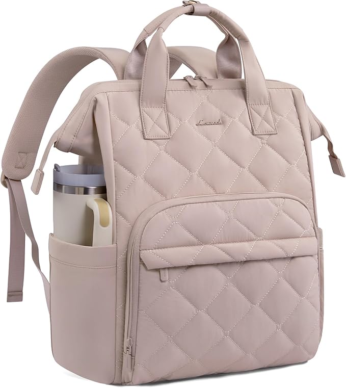 LOVEVOOK Laptop Backpack for Women, 15.6 inch Work Travel Backpack Purse, Puffer Quilted Laptop Backpack Casual Daypack for Nurse Teacher，Nude Pink