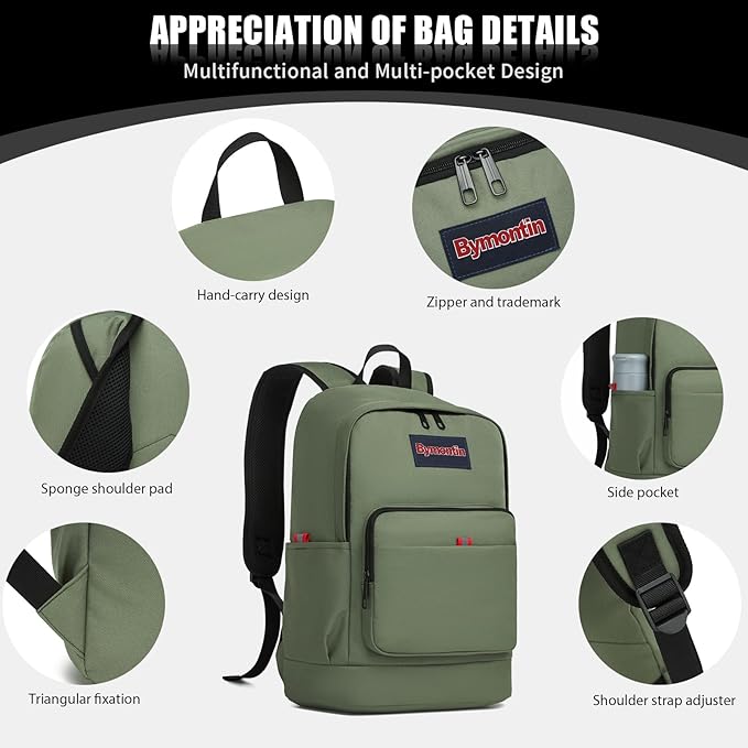 Classic Casual Backpack, Lightweight Daypack with 10 Pockets, Laptop Compartment, EVA Foam Pad (Olive)