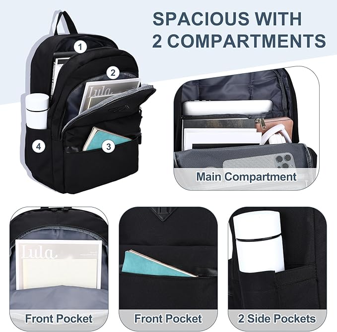 RAVUO Backpack for Men, Water Resistant Black School Backpacks Large Bookbag 15.6inch Laptop Back Pack College Daypack Schoolbag for Teen Boys Girls
