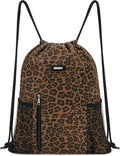 WANDF Drawstring Backpack Sports Gym Sackpack with Mesh Pockets Water Resistant String Bag for Women Men (Brown Leopard)