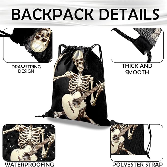 Drawstring Backpack Draw String Bag Waterproof for Sports Gym Beach Travel Cute Aesthetic Sackpack Men Women (13"×17")-Skull Skeleton