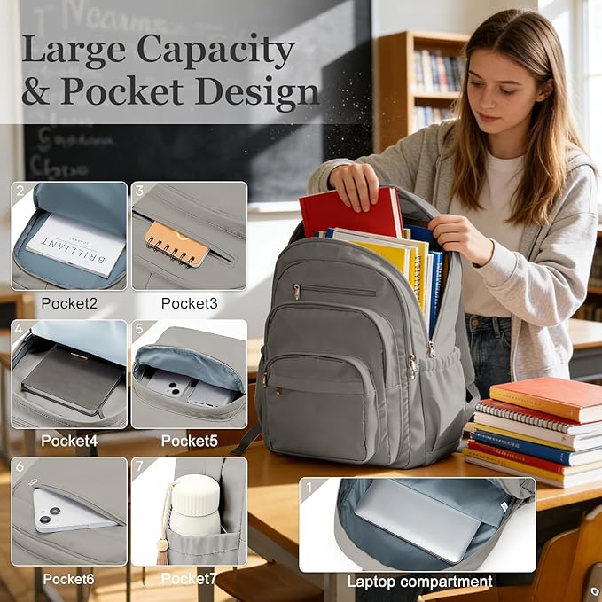 College Backpack For Women Men,Lightweight High School Bag,School Backpack With Lots Of Pockets,Cute Bookbag For Teens Boys Girls,Casual Daypack Backpack For School(Gray Brown)