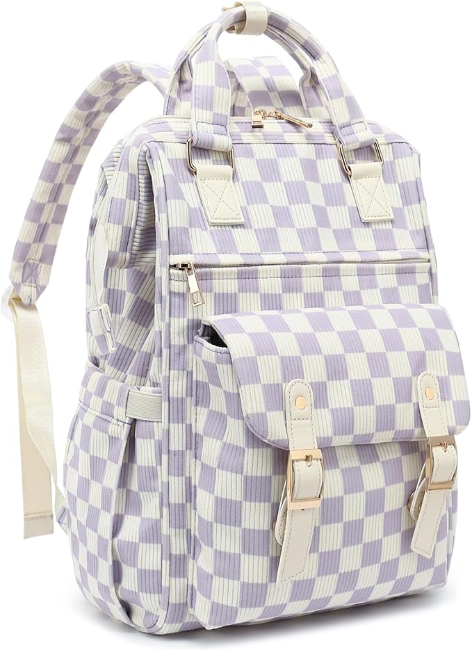 Laptop Backpacks for Women, Corduroy High School College Bookbag 15.6 Inch Laptop Bags for Girls Travel Daypack - Checkered Purple