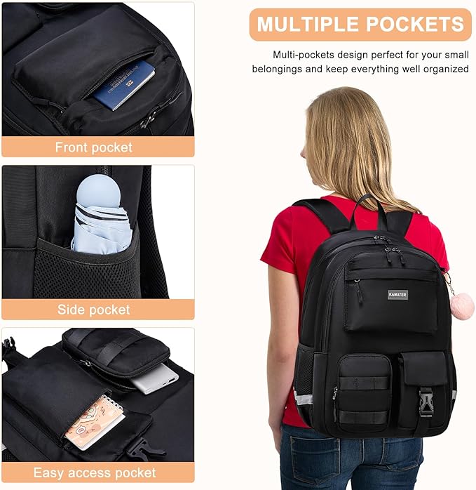 School Backpack for Teen Girls & College Women - Anti-Theft & Water Resistant 17.3 Inch Laptop Mochilas Bookbag - Large Ergonomic Straps Backpack, Classic Black