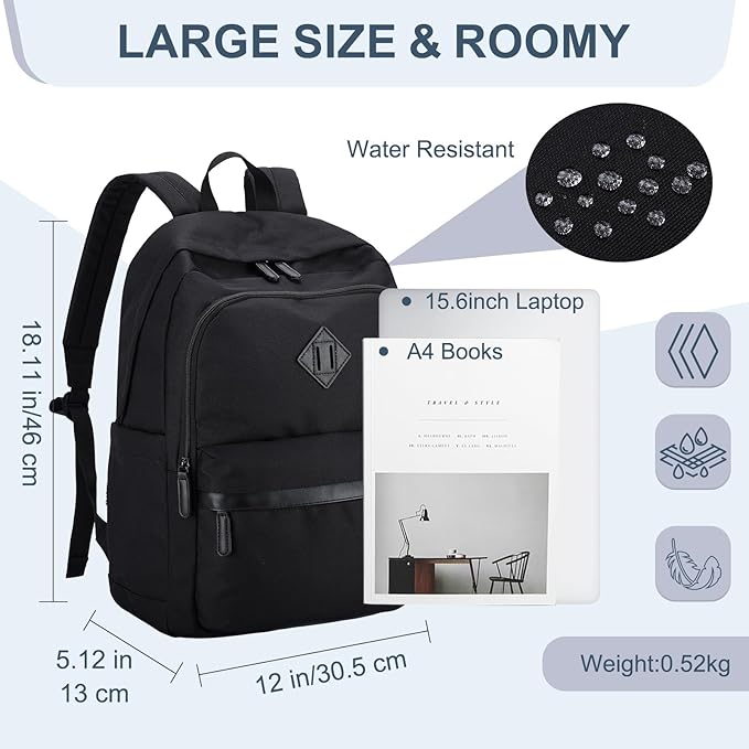 RAVUO Backpack for Men, Water Resistant Black School Backpacks Large Bookbag 15.6inch Laptop Back Pack College Daypack Schoolbag for Teen Boys Girls