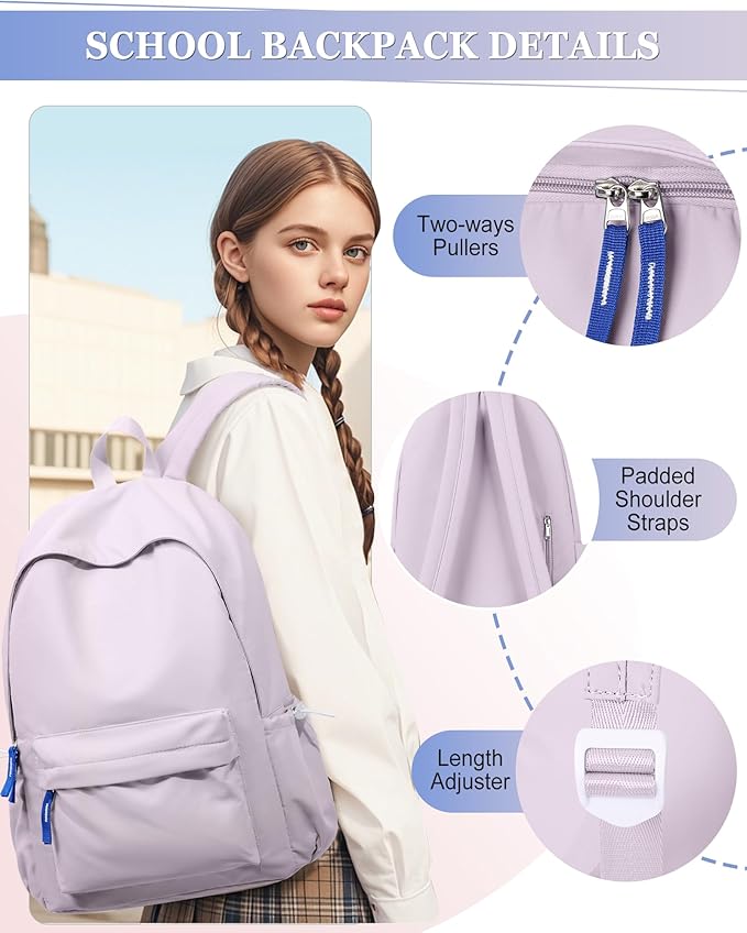 School Backpack for Teen Girls,Simple School Book Bag Waterproof High School Backpack for Boy Middle Student Bookbag College Backpack for Women Men Casual Daypack Travel Aesthetic Backpacks Purple