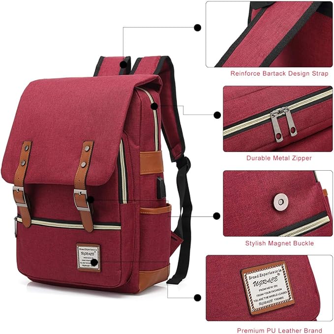 UGRACE Vintage Laptop Backpack with USB Charging Port, Elegant Water Resistant Travelling Backpack Casual Daypacks College Shoulder Bag for Men Women, Fits up to 15.6Inch Laptop in Red