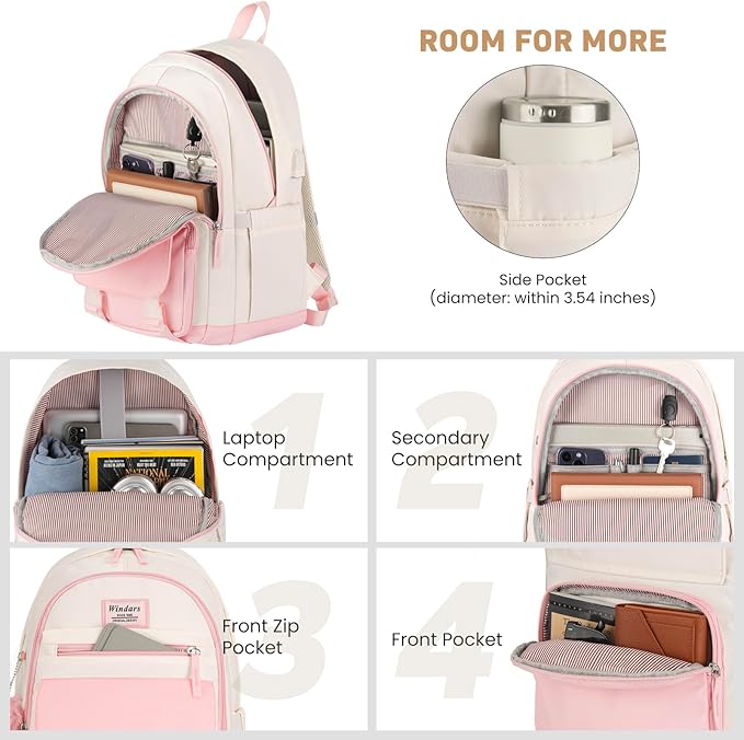 School Backpack for Teen Girls, Cute College Backpacks for Women Students Aesthetic Bookbag Large 15.6 Inch Laptop Bag Middle School Travel Back Pack (Pink Beige)