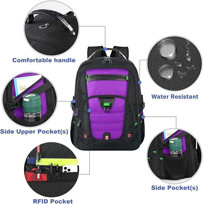 Z-MGKISS Extra Large Laptop Backpack, Water-Resistant 18.4-19 Inch Travel Backpack for Men & Women - Stylish Purple School Bag with USB Charging Port and Multiple Compartments