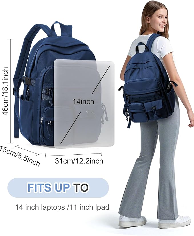 Aesthetic School Backpack for Women Men College Backpack With Lots Of Pockets Waterproof Travel Casual Daypack Cute Bookbag For Teens Girls Boys High School Bag(Blue)