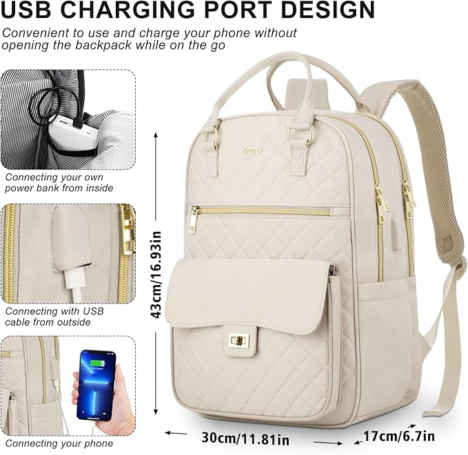 Girls Laptop Backpacks 15.6 Inch,Large Capacity School Bag College Backpack with USB Charging Port,Fashion Bookbags Computer Bag for Teens Students,Off-white