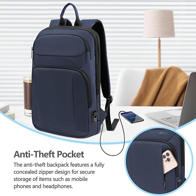 Backpack for Men Slim & Expandable Travel Laptop Backpack with USB Charging Port Water Resistant Anti-Theft Business Backpack Fits 17.3In Laptop for Commute Work College with Small Bag (Navy Blue)
