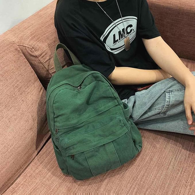 Green Canvas Backpack for Women Retro Aesthetic Rucksack Basic Backpack for High School/College Students Travel Laptop Bag