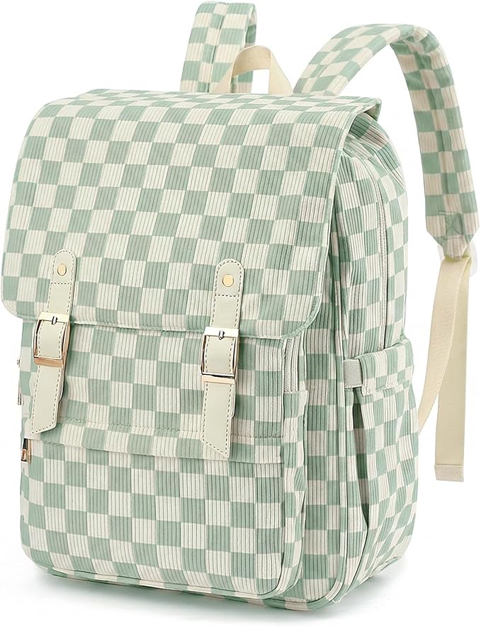 Women Laptop Backpack, Corduroy 15.6" Travel Backpack for Work College Business, Teacher Nurse Bag with Large Capacity School Bookbag Bags for Girls - Checkered Matcha Green