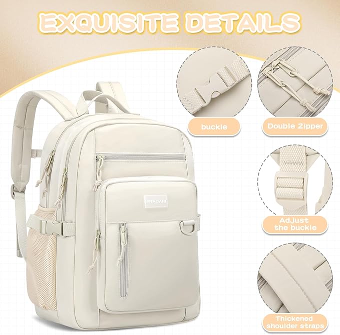 Kids Backpack for School Cute Aesthetic Beige Backpack Girls Student Bookbag Women Travel Lightweight Book Bag