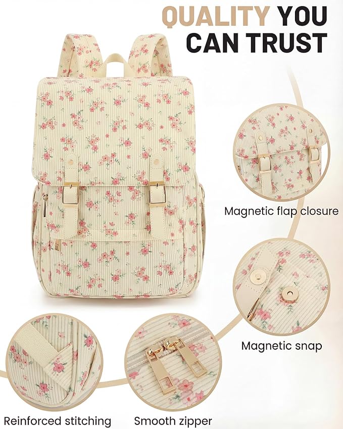 Corduroy Laptop Backpack for Women, Fits 15.6 Inch Computer Bag, College High School Bookbag Travel Daypack Purse, Work Business Bags - Beige Corduroy Floral Pink