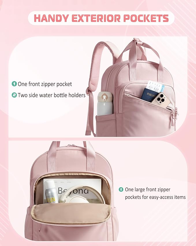 Women Backpack with 15.6” Laptop Sleeve for Travel, Work and College, Lightweight Water-resistant Backpack for Women with 8 Pockets, Pink