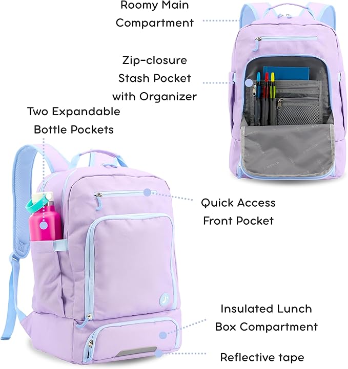 J World New York 2-in-1 Insulated Backpack Lunch Box for Kids. Adult School Bookbag, Purple