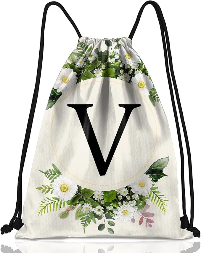 Initial Letter Drawstring Backpack String Sports Gym Bags Waterproof Sackpack Cute for Men Women Beach (13"×17") (Letter-V)