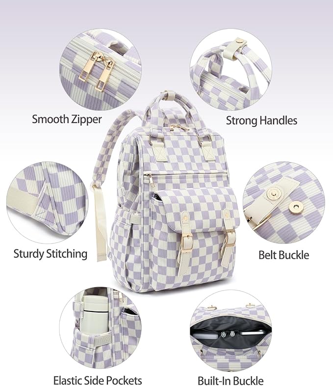 Laptop Backpacks for Women, Corduroy High School College Bookbag 15.6 Inch Laptop Bags for Girls Travel Daypack - Checkered Purple
