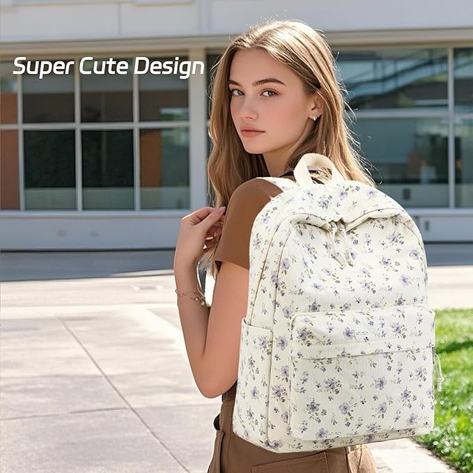 BTOOP School Backpack for Girls Teens Large Corduroy Bookbag Lightweight 15.6 inch Laptop Bag for Women Casual High School College (Purple Floral)