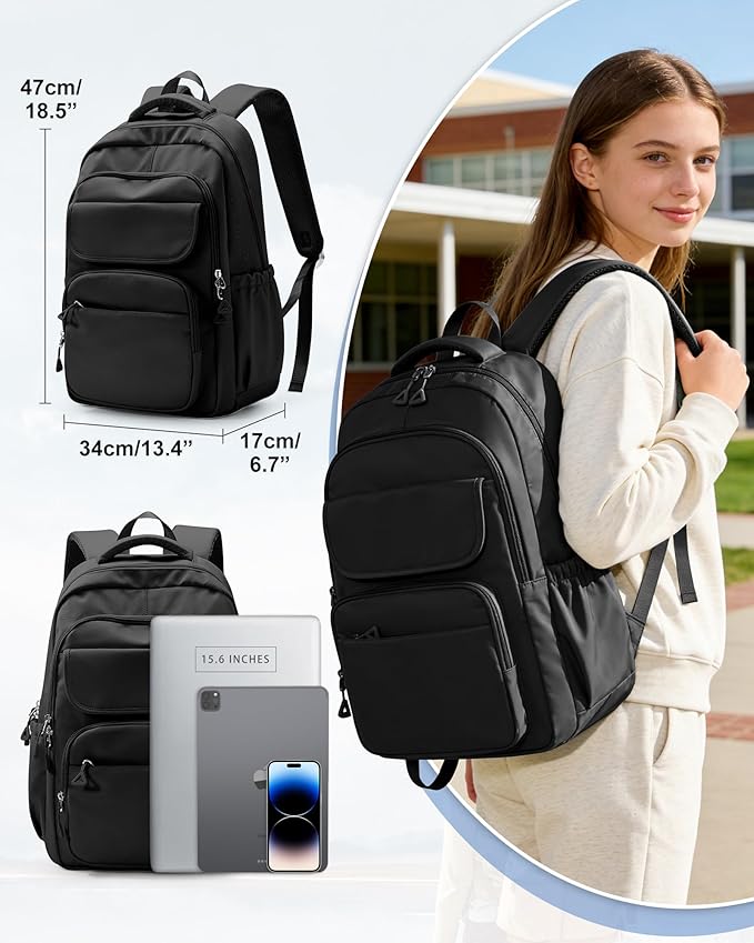 School Backpack for Women Men, Water Resistant Backpacks for Girls 15.6 Laptop Multifunction Casual Daypack, Basic College Backpack School Bookbag Mochilas Escolares para Niñas, Black