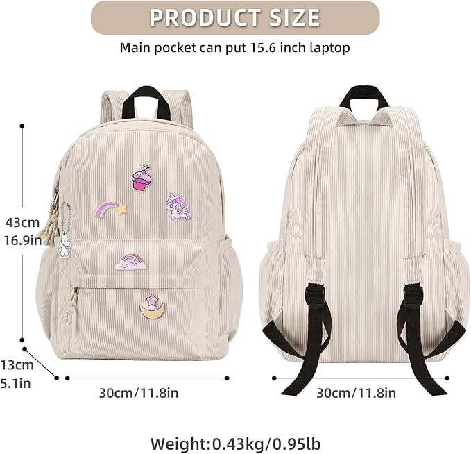 School Backpack for Teens, Corduroy Bookbag with 6X Cute Pin Accessories, Lightweight High School College Laptop Bags, Women Travel Daypacks