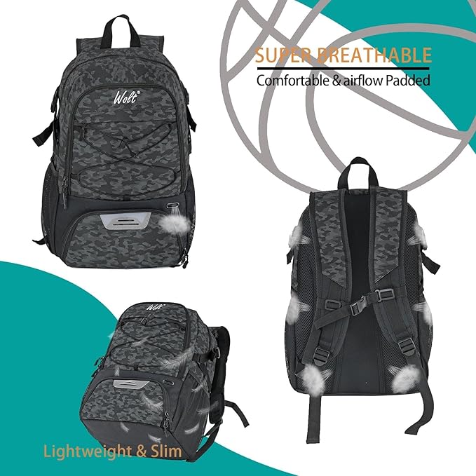 WOLT Basketball Backpack Large Sports Bag with Separate Ball Holder & Shoes Compartment, Best for Basketball, Soccer,Gym