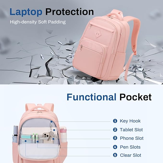 School Backpack for Girls, Lightweight Kids Bookbag Classic College Backpack for Teen Women with Luggage Strap, Age 8-18 Years Old, Pink