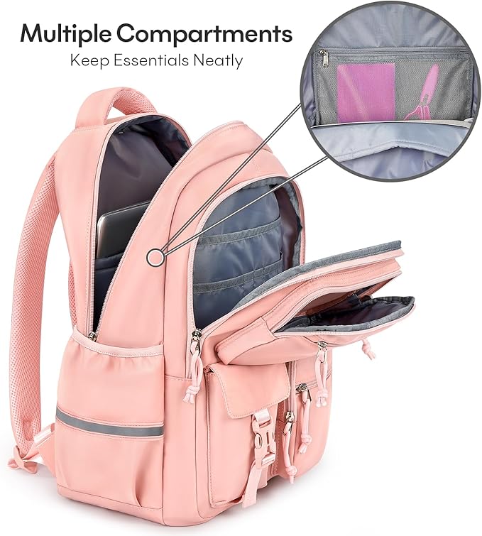 mibasies School Backpack for Teen Girls: 17.9 IN Backpack for Women with Laptop Compartment for Middle High Elementary School College Travel- Kids Bookbag Light Pink