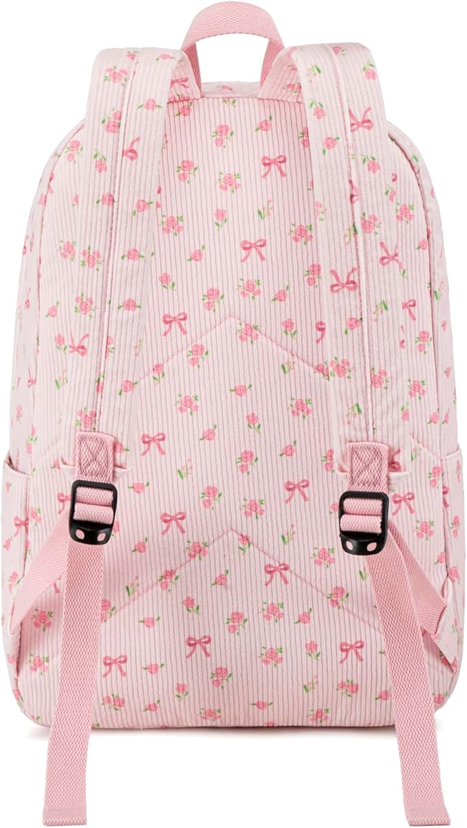 BTOOP School Backpack for Girls Teens Large Corduroy Bookbag Lightweight Casual High School College 17 inch Laptop Travel Bag (Pink Bow Floral-1)