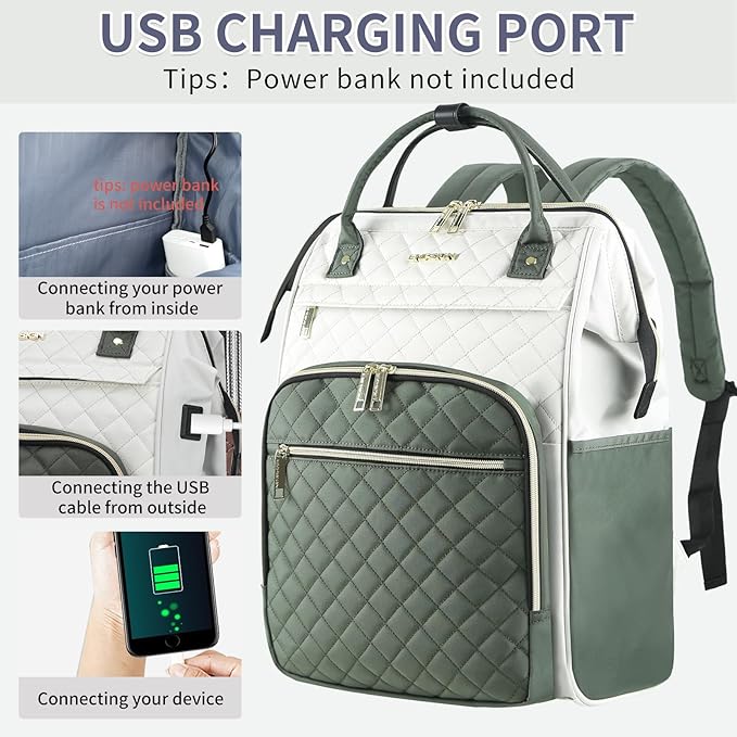 EMPSIGN 17 Inch Laptop Backpack for Women, Work Business Travel Computer College Bags, Large Capacity Water-repellent Quilted Casual Daypack with USB Port, Beige-Army Green
